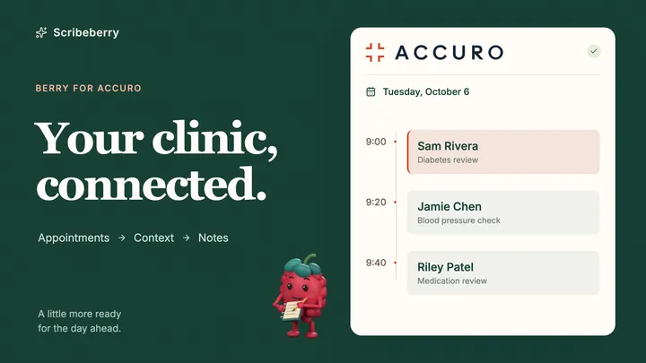 Your clinic, connected: the Accuro logo above a Tuesday appointment timeline, with Berry on a deep-green Scribeberry background.