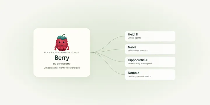 Berry by Scribeberry, our pick for Canadian clinics, alongside Heidi II, Nabla, Hippocratic AI and Notable with their areas of focus.