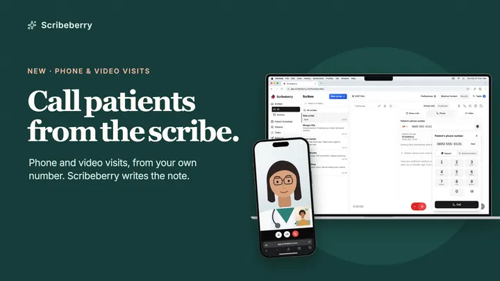 Call patients from the scribe: the Scribeberry web app on a laptop with the phone keypad open, beside an iPhone showing a video visit, on a deep green background.