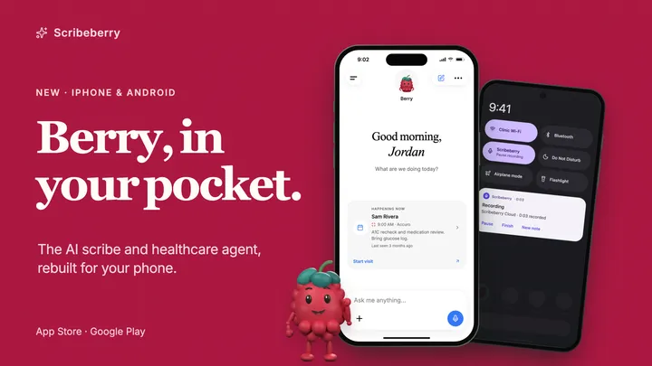 Berry, in your pocket: the Scribeberry iPhone app’s Home screen with Up next, an Android recording notification and Berry, on a berry-red background.