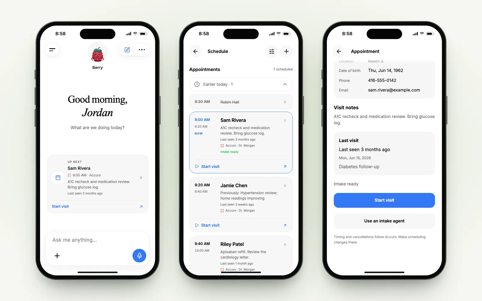 Three recreated Scribeberry iPhone screens for an Accuro clinic: Home with Sam Rivera’s appointment up next, the Accuro schedule with previews and intake status, and Sam’s appointment details with the last visit and a Start visit button.