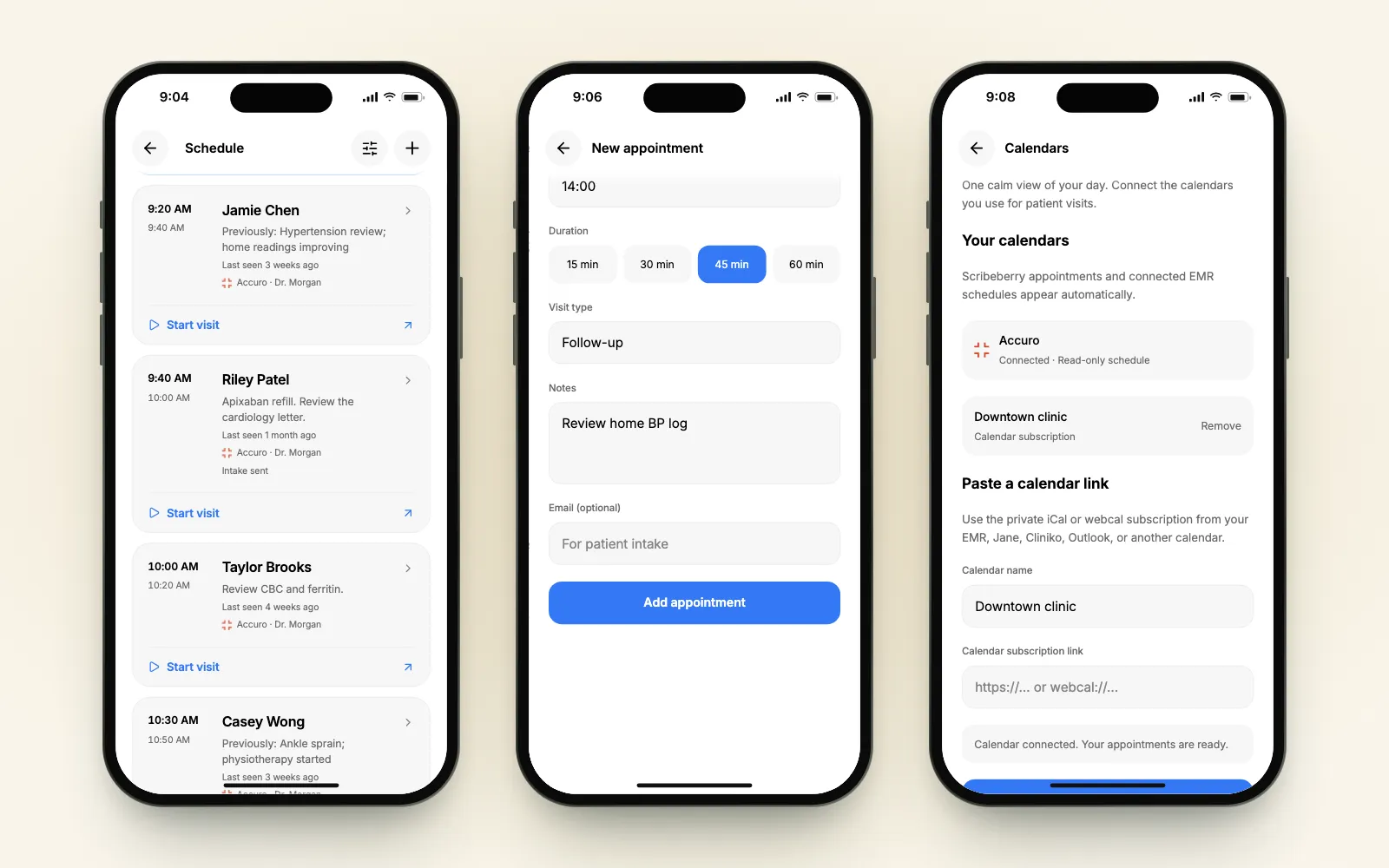 Three recreated Scribeberry iPhone screens: today’s Agenda with previews and intake status, the New appointment form with a 45-minute duration, and Calendars with a connected subscription.