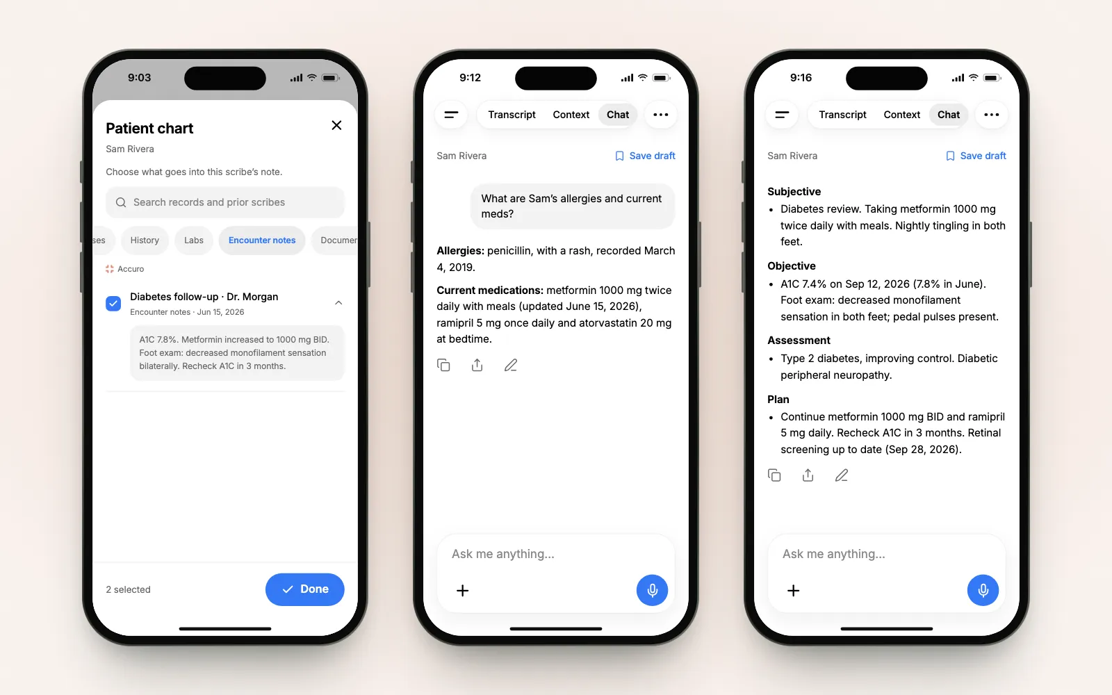 Three recreated Scribeberry iPhone screens: Sam’s Accuro chart with an encounter note selected, Berry’s dated answer about allergies and medications, and a SOAP note written with the selected records.
