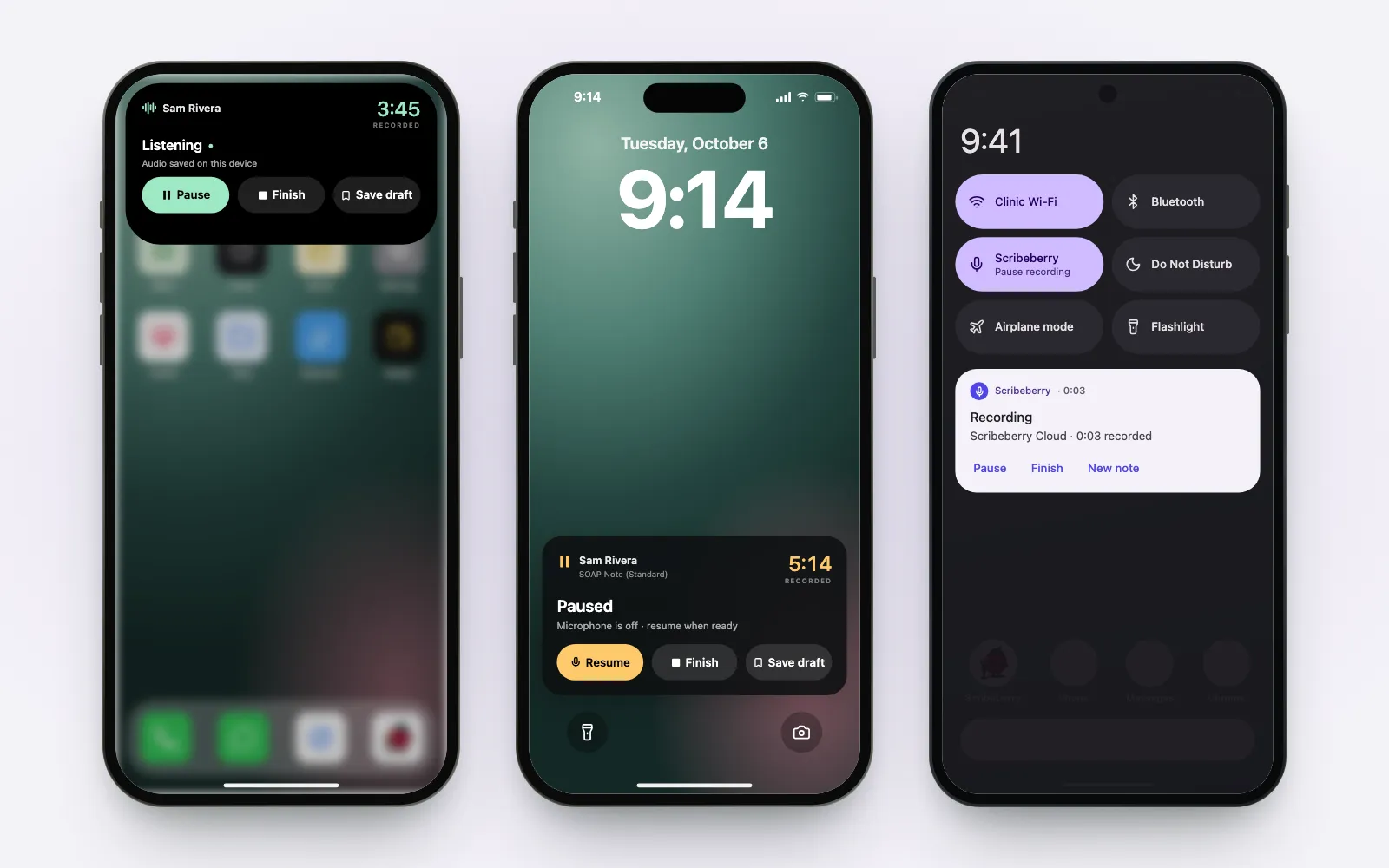 Recreated recording controls outside the Scribeberry app: the expanded Dynamic Island, a paused Live Activity on the Lock Screen, and Android Quick Settings with the Scribeberry tile and recording notification.