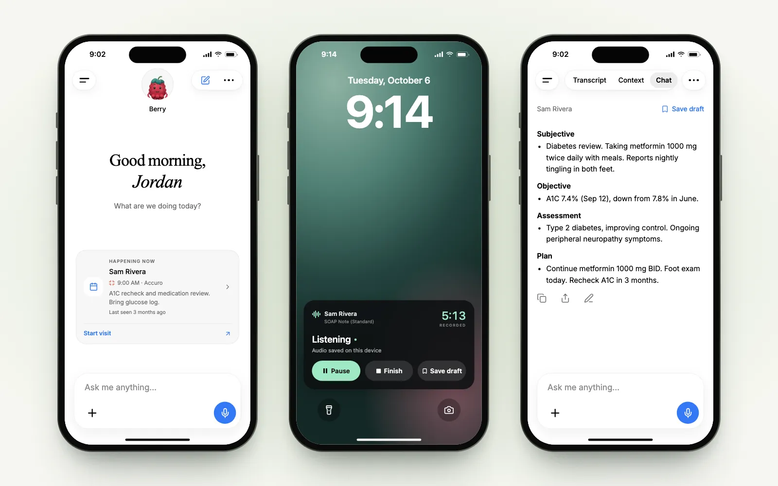Three recreated Scribeberry iPhone screens: Home with Sam Rivera’s appointment happening now, the Lock Screen recording controls, and a finished SOAP note with copy, share and edit icons.