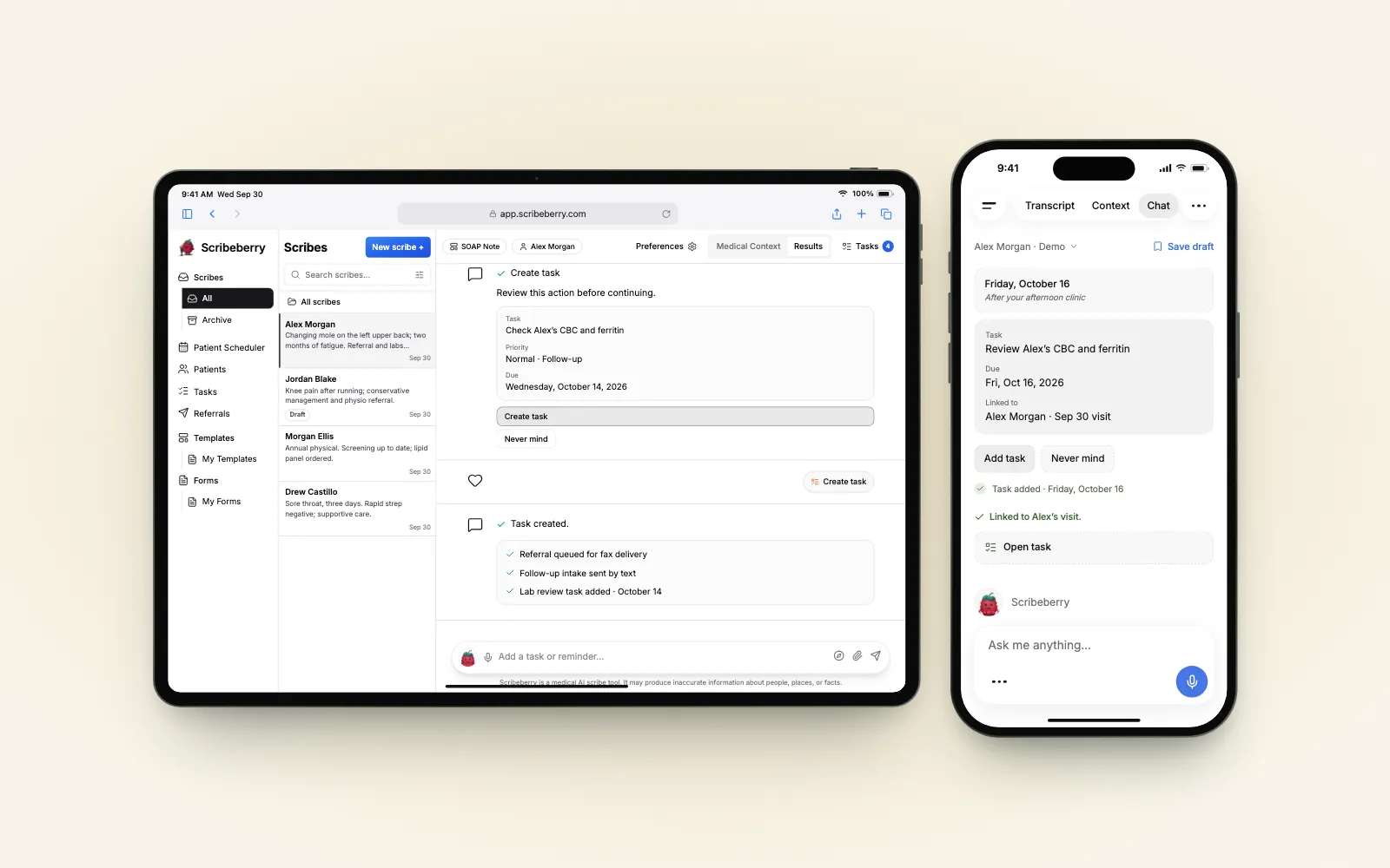 Berry’s recreated web app showing a referral queued, an intake sent and a follow-up task created, beside an iPhone with an editable patient-linked task.