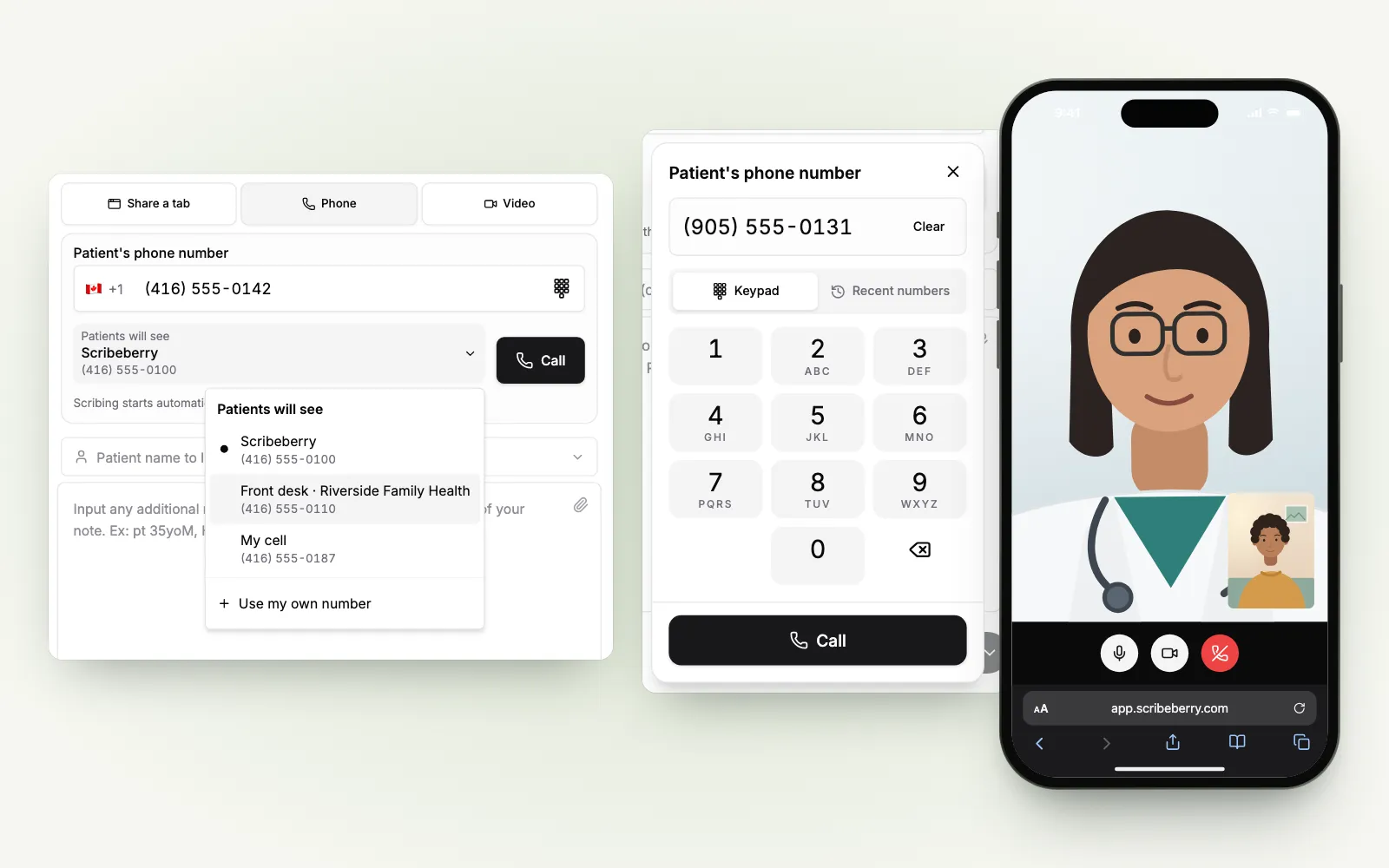Three recreated screens: the Patients will see menu listing the Scribeberry number, a clinic front-desk line and a verified cell number; the dialpad with a patient’s number entered; and an iPhone showing a video visit with the clinician.
