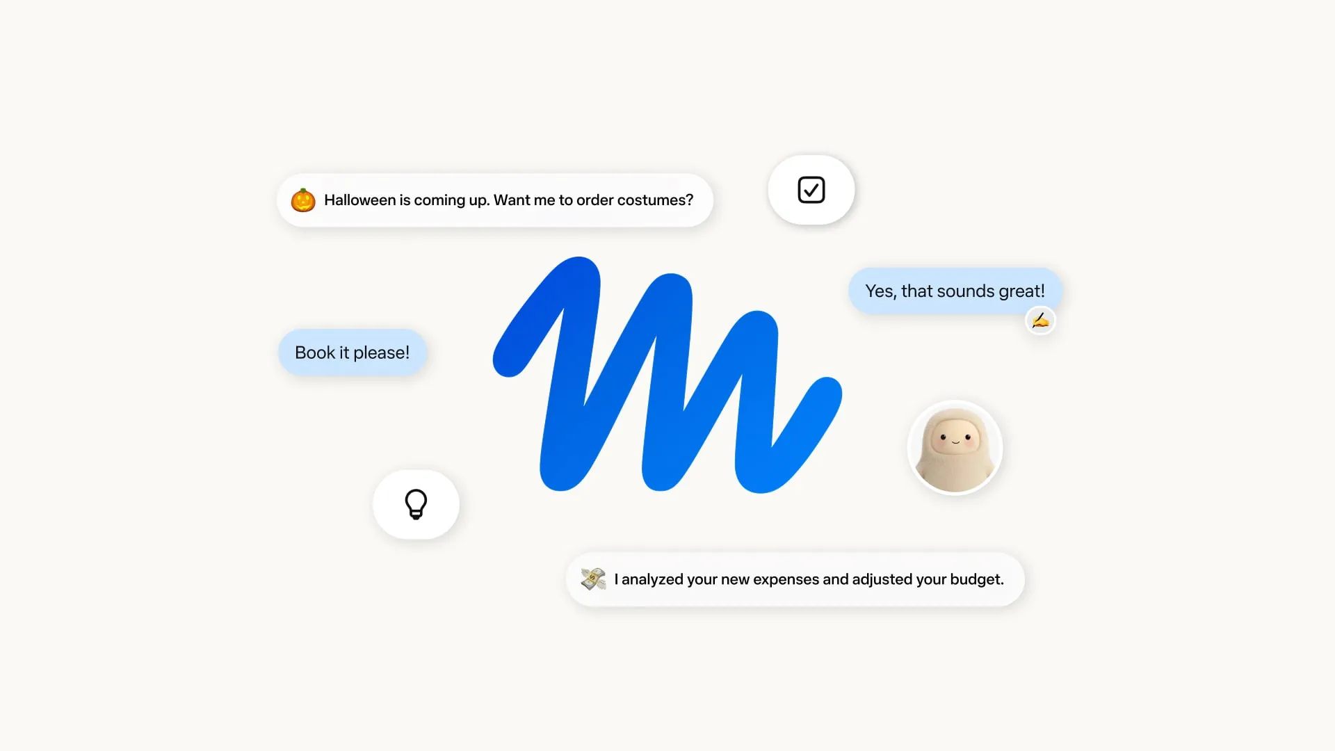 Meta’s official Muse launch artwork, featuring the blue Muse mark, its character and messages about booking plans and managing expenses.
