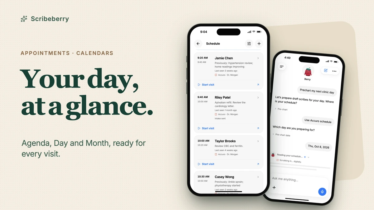 Your day, at a glance: Scribeberry’s iPhone Agenda with appointment previews beside Berry’s pre-chart calendar, on a warm cream background.