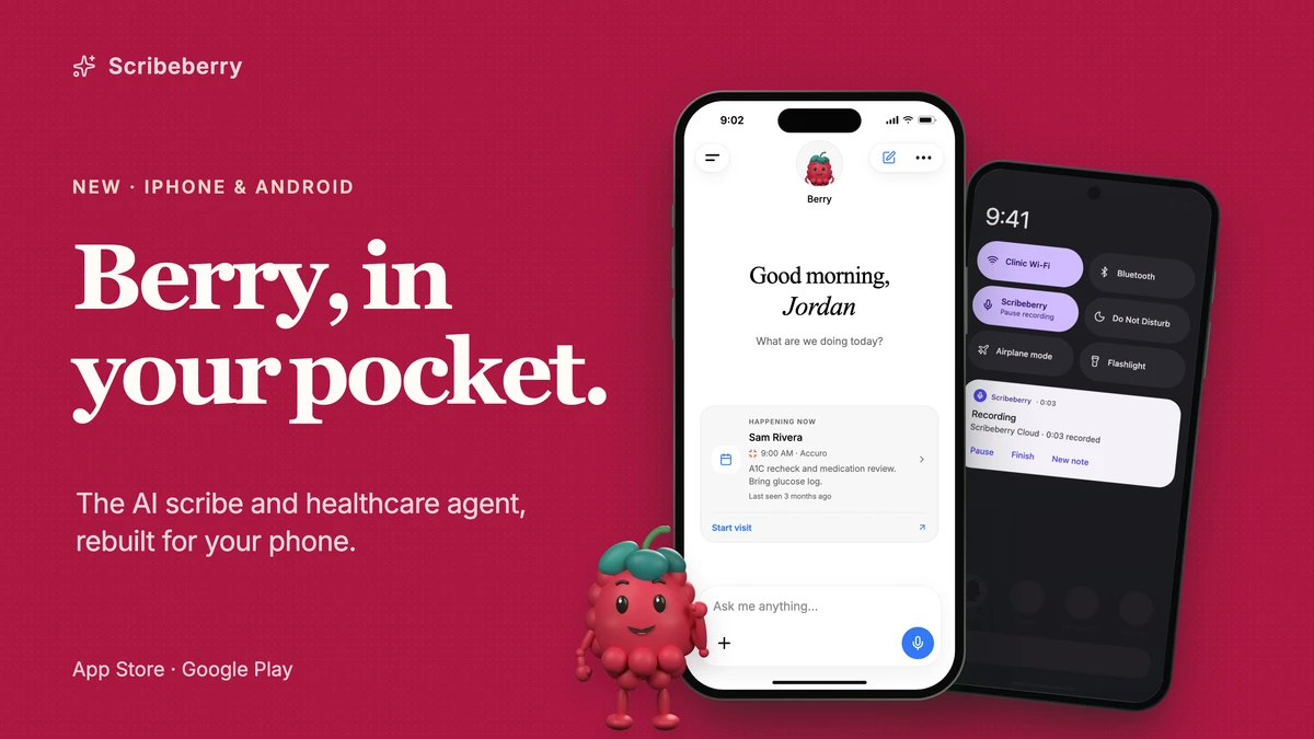 Berry, in your pocket: the Scribeberry iPhone app’s Home screen with Up next, an Android recording notification and Berry, on a berry-red background.