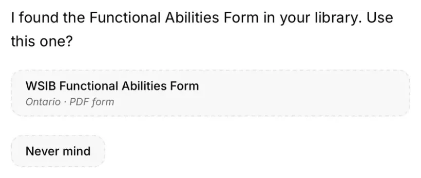 Scribeberry mobile chat: Berry finds the WSIB Functional Abilities Form.