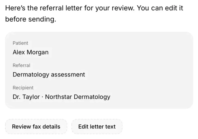 Scribeberry mobile chat: a dermatology referral review for demo patient Alex Morgan.