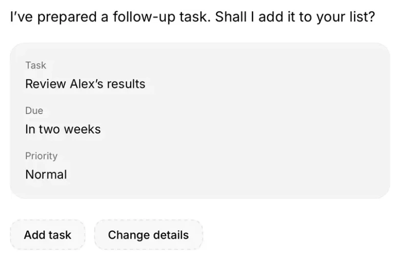 Scribeberry mobile chat: a proposed task to review Alex’s results in two weeks.